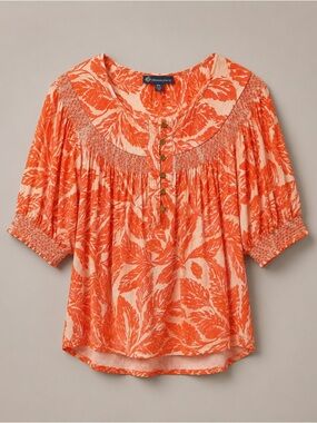 Democracy Orange and Cream Floral Peasant Blouse (290)